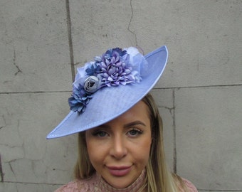 Large Light Cornflower Blue Lilac Periwinkle Bluebell Rose Floral Flower Fascinator Hat Big Teardrop Wedding Races sh-310