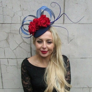 Navy Royal Blue Red Rose Flower Feather Hat Hair Fascinator Races Ascot sh-391