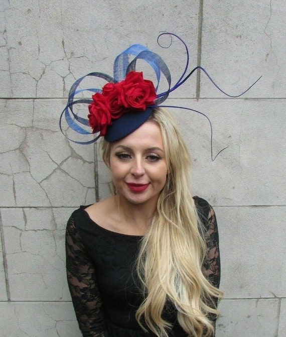 Navy Royal Blue Red Rose Flower Feather Hat Hair Fascinator Etsy