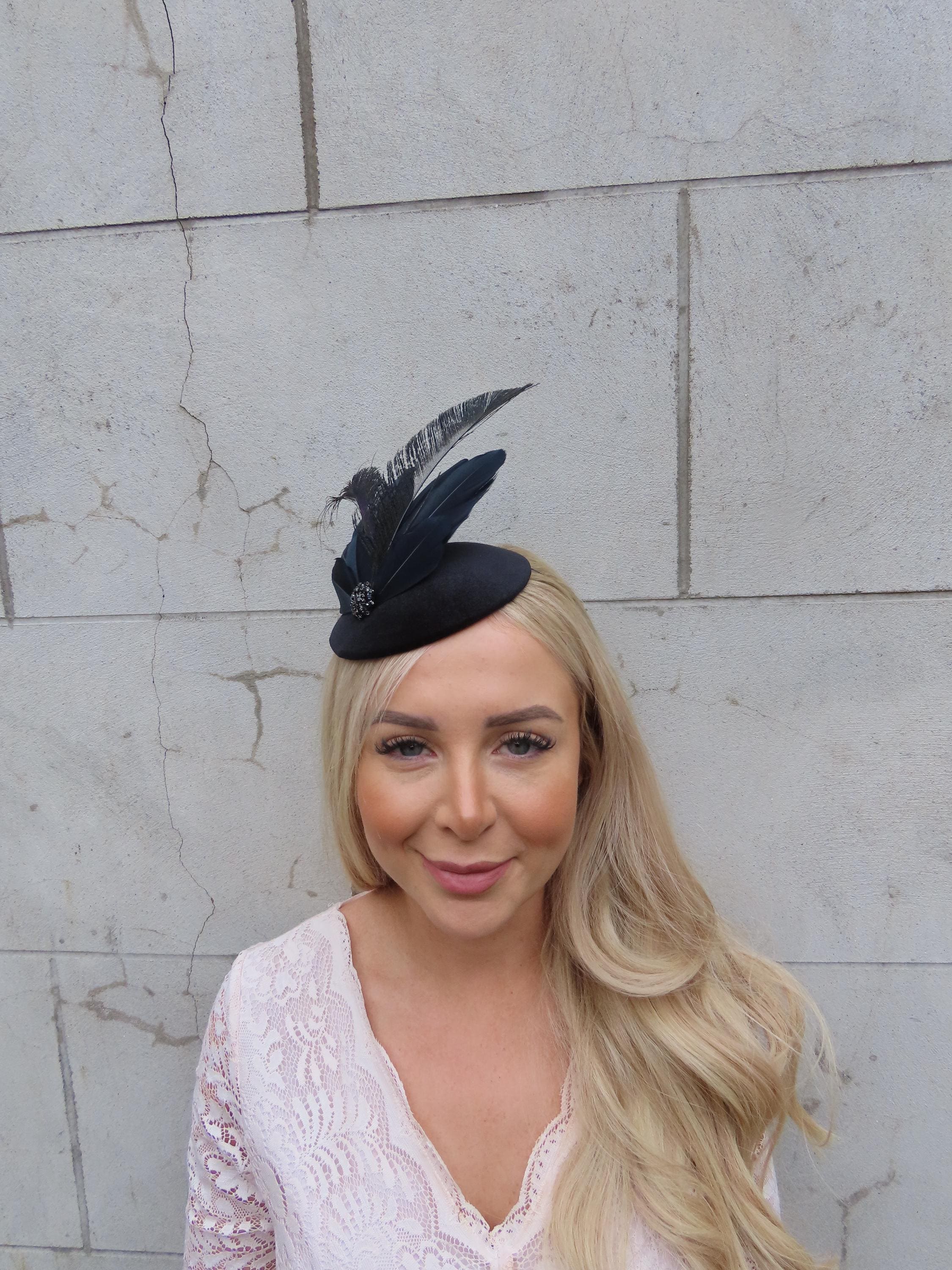 Black Feather Velvet Pillbox Hat Fascinator Hair Races Funeral Cocktail u12004