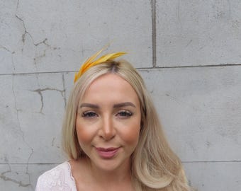 Mustard Yellow Feather Fascinator Races Wedding Guest Thin Headband u12004