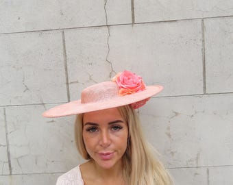Large Peach Salmon Coral Flower Sinamay Hat Fascinator Disc  display picture 3
