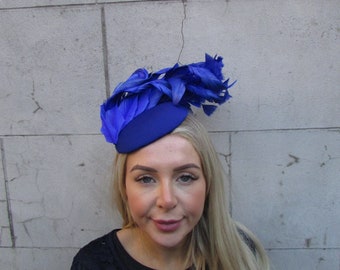 One off Piece Royal Blue Feather Pillbox Hat Fascinator Wedding Guest Races Ladies Day Headband Headpiece Hatinator Cobalt Blue u12511