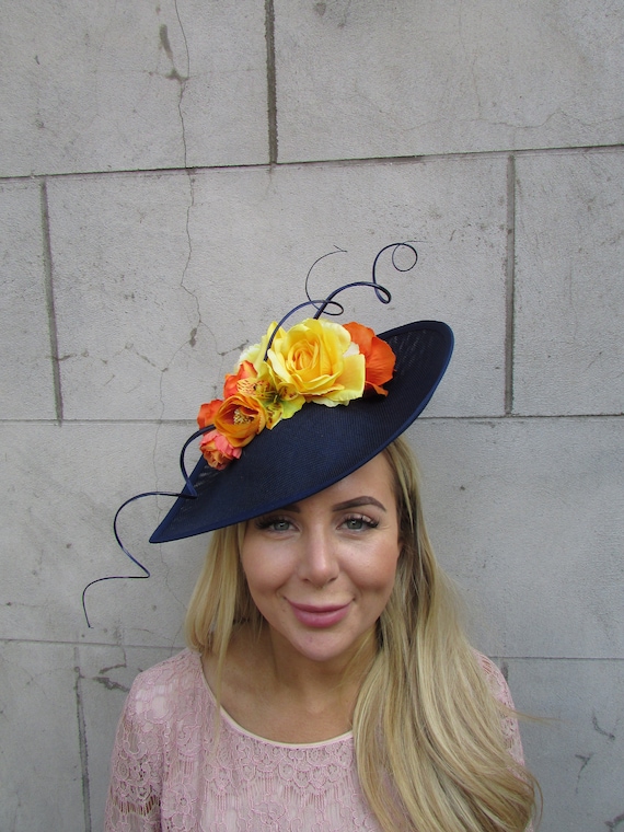 Elegant Navy and Yellow Floral Hat Fascinator Hatinator New Navy Blue/yellow Fascinator Hat Hot Pink Disc Saucer  main image 2