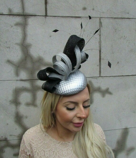 Starcrossedbeauty One Off Piece - Large Black \u0026 Silver Fascinator Feather Pillbox Hat Wedding Races Headband u1b64