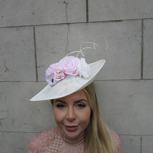 Large Cream Ivory Light Pink Blush Dusky Pink Rose Floral Flower Fascinator Hat Big Teardrop Tilted Wedding Races u12602
