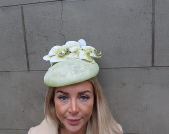 One Off Piece - Large Pale Sage Green Orchid Flower Sinamay Pillbox Hat Fascinator Headpiece Wedding Guest Races Hatinator u10112