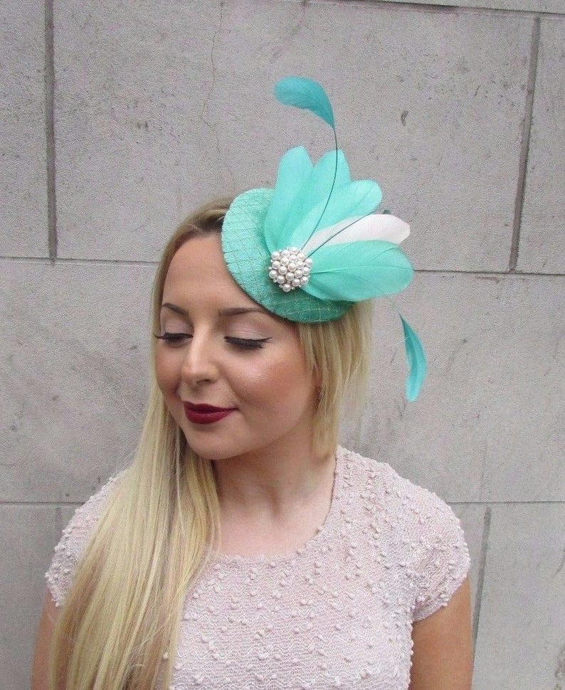 Mint Jade Green Cream Feather Pillbox Hat Fascinator Hair Clip Etsy