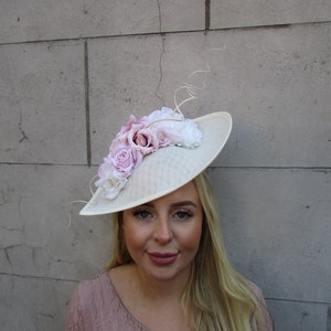 Large Cream Ivory Light Pink Blush Rose Floral Flower Fascinator Hat Big Teardrop Tilted Wedding Guest Races 12j3