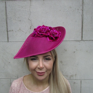 Large Dramatic Magenta Pink Flower Teardrop Fascinator Hat Races Headband Wedding Guest Headpiece Raspberry Fuchsia Pink u10107