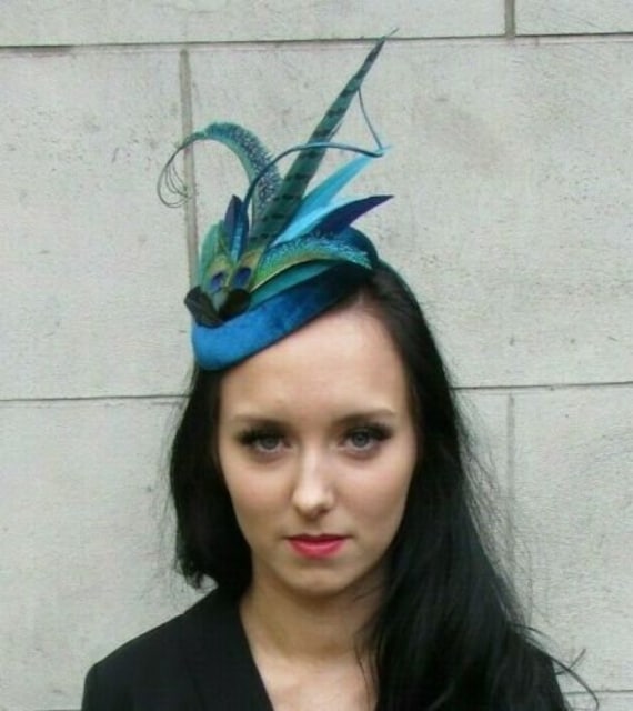 Teal Turquoise Navy Blue Green Pheasant Peacock Feather Hat Fascinator 7410
