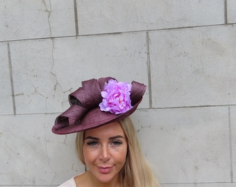 Large Burgundy Wine Dark Plum Lilac Flower Sinamay Hat Fascinator Disc Saucer Headband Wedding Guest Hatinator Races Ascot One Off - u10906