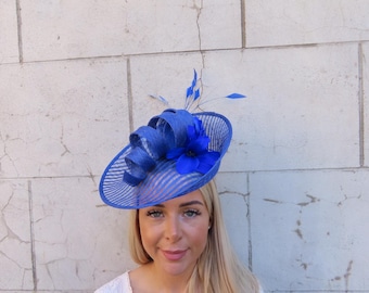 Large Royal Blue Sinamay Saucer Feather Flower Hat Fascinator Disc Wedding Guest Ascot Races Headband Hatinator u11605