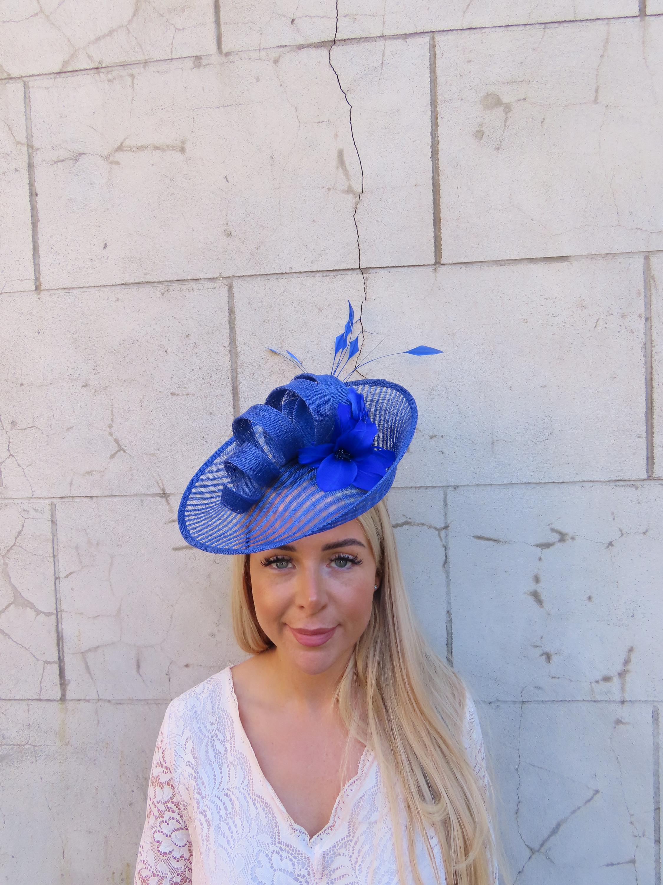 Large Royal Blue Sinamay Saucer Feather Flower Hat  display picture 1