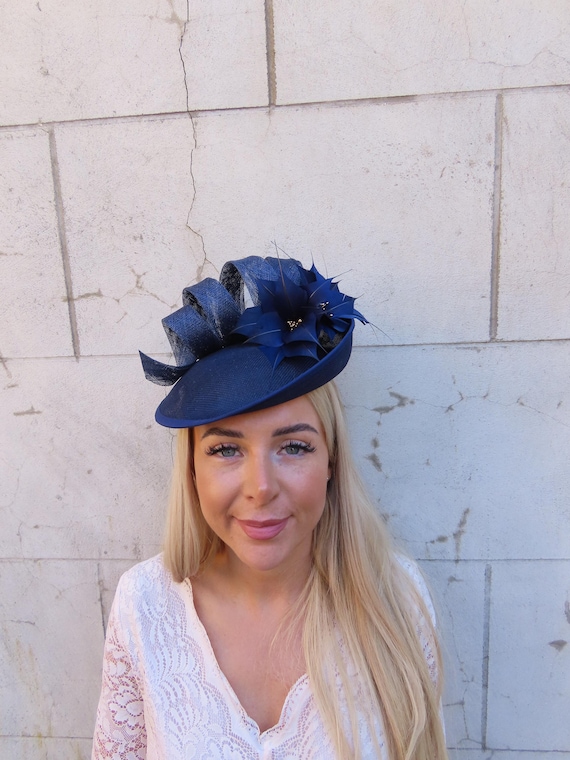 Large Navy Blue & Gold Disc Feather Flower Fascinator Hat  display picture 2