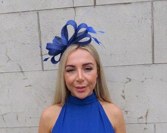 Royal Blue Feather Sinamay Fascinator Headband Headpiece Races Wedding Guest u10707