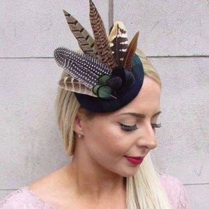 Navy Blue Green Tartan Pheasant Feather Pillbox Hat Fascinator Hair Clip 4126