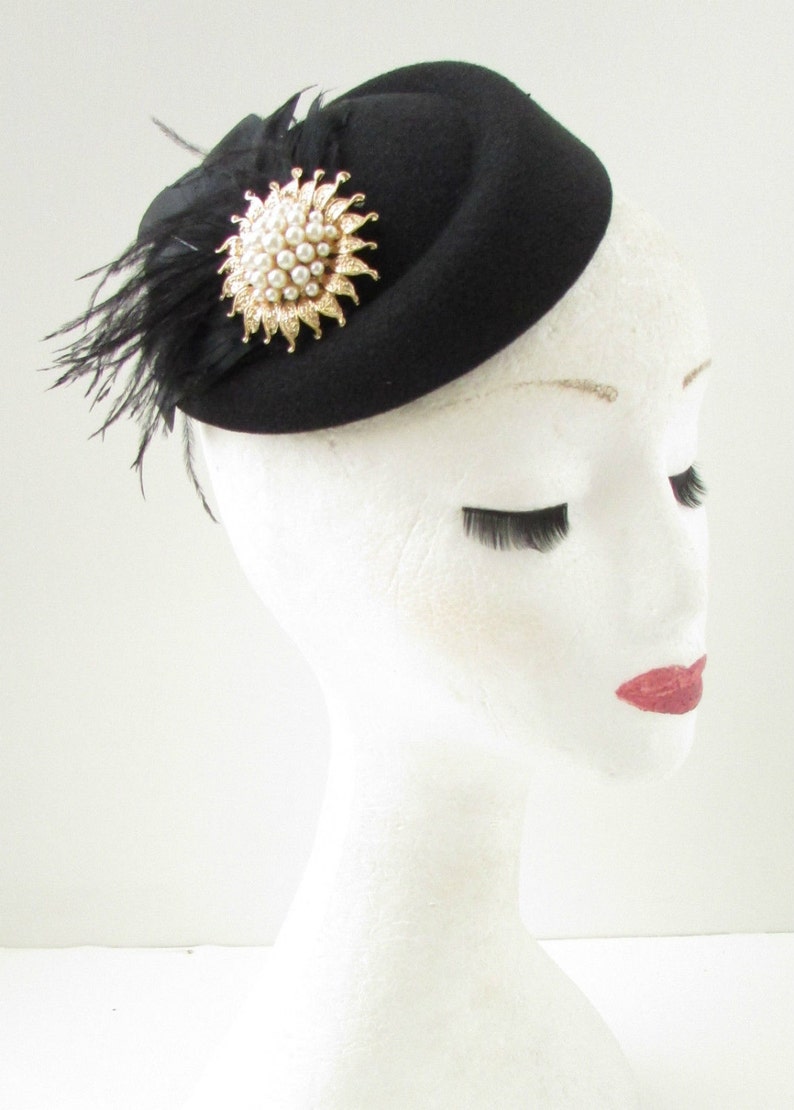 Black Gold Ivory Feather Pillbox Hat Fascinator Vintage 1940s Etsy