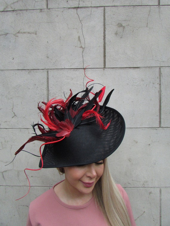 Vtg 40/50\'s Black Velour Hat Black Coque black/Red‎ Feathers Fascinator Vintage 40 main image 4