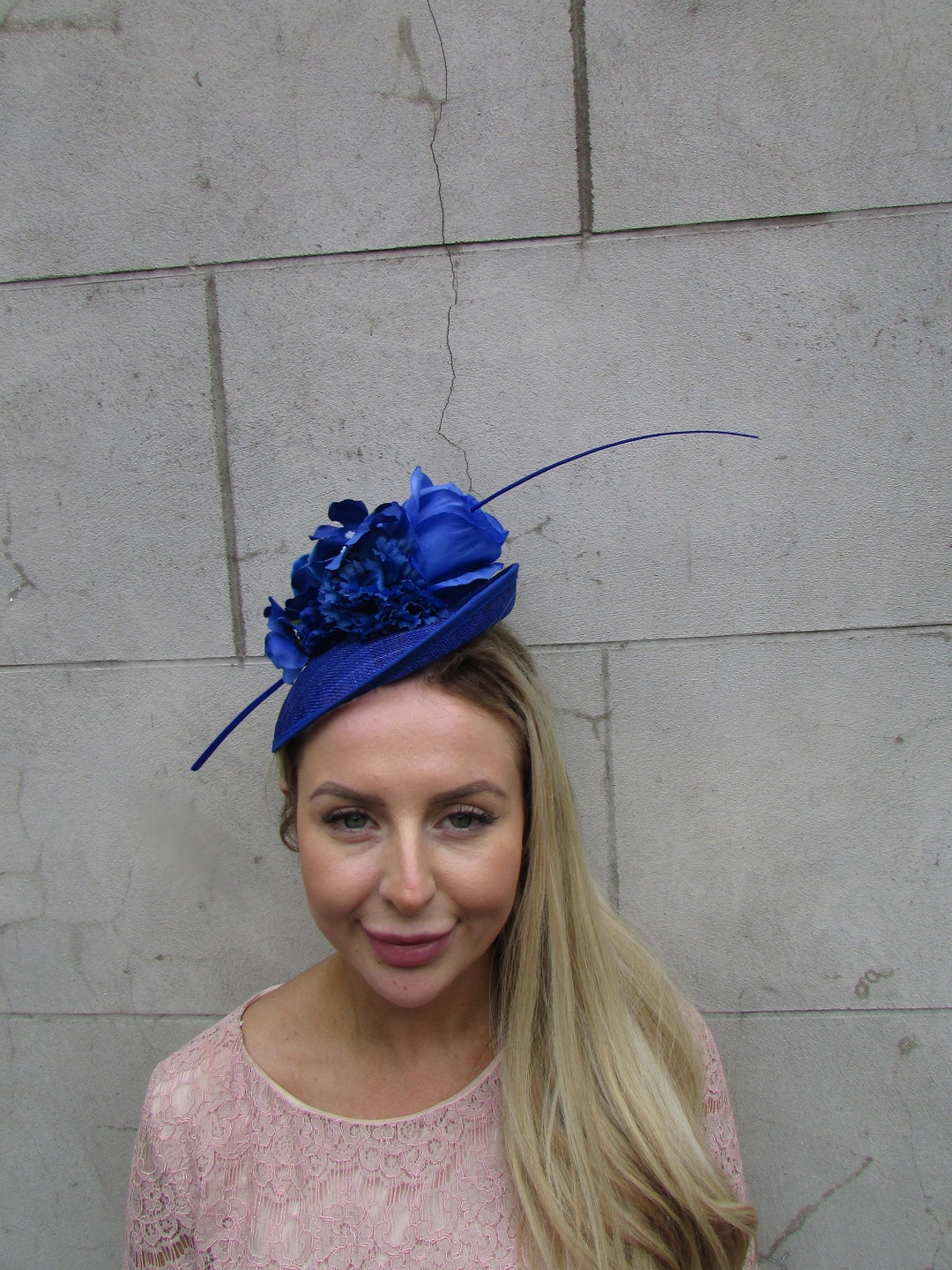 Royal Blue Feather Rose Flower Sinamay Disc Saucer Hat Fascinator Wedding Races Headpiece Cobalt