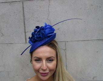 Royal Blue Feather Rose Flower Sinamay Disc Saucer Hat Fascinator Wedding Races Headpiece Cobalt Blue Hatinator Floral or-31