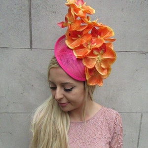 Orange Hot Pink Orchid Flower Saucer Disc Hat Fascinator Headband Hair sh-347