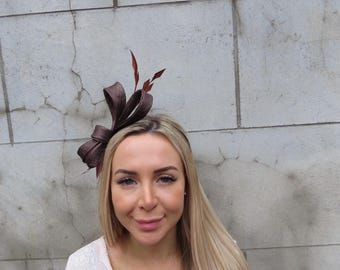 Dark Brown Feather Fascinator Headband Wedding Guest Races Sinamay