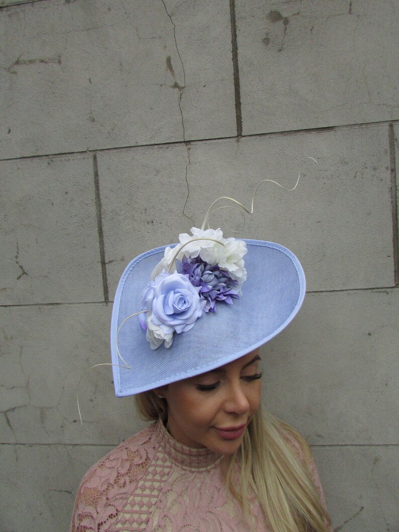 Large Cream Ivory Light Cornflower Blue Periwinkle Floral Flower Fascinator Hat Big Teardrop Wedding Races sh-296 image 2