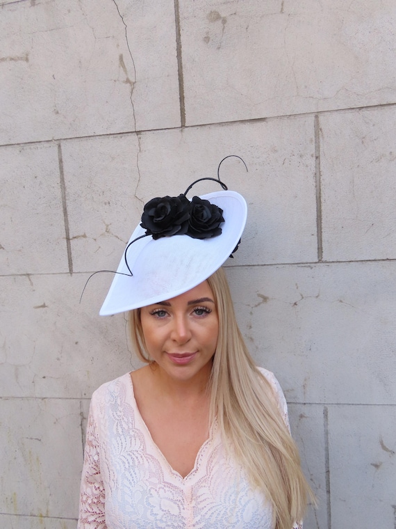 Elegant White Hat with Black Floral Accent Ivory Sinamay Kentucky Derby Fascinator: Black & White  main image 2