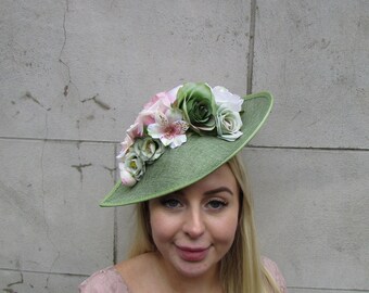 Large Sage Green Blush Pink Light Pink Nude Flower Fascinator Hat Big Teardrop Tilted Khaki Moss Floral SH-04