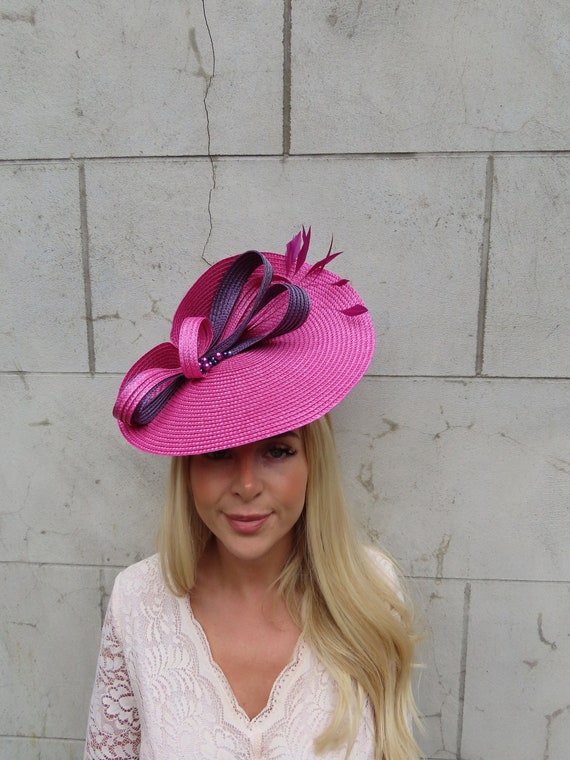 Magenta Purple Disc Fascinator with Upturned Brims Loops Bows and Feathers Kentucky Derby Hat Fascinator Magenta Purple Wine Satin With  main image 3