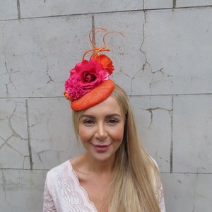 Orange & Hot Pink Flower Pillbox Hat Fascinator Wedding Races Headpiece Headband Floral Cerise Burnt Orange Fuchsia Hatinator u10903t