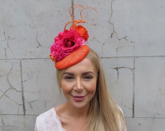 Orange & Hot Pink Flower Pillbox Hat Fascinator Wedding Races Headpiece Headband Floral Cerise Burnt Orange Fuchsia Hatinator u10903t