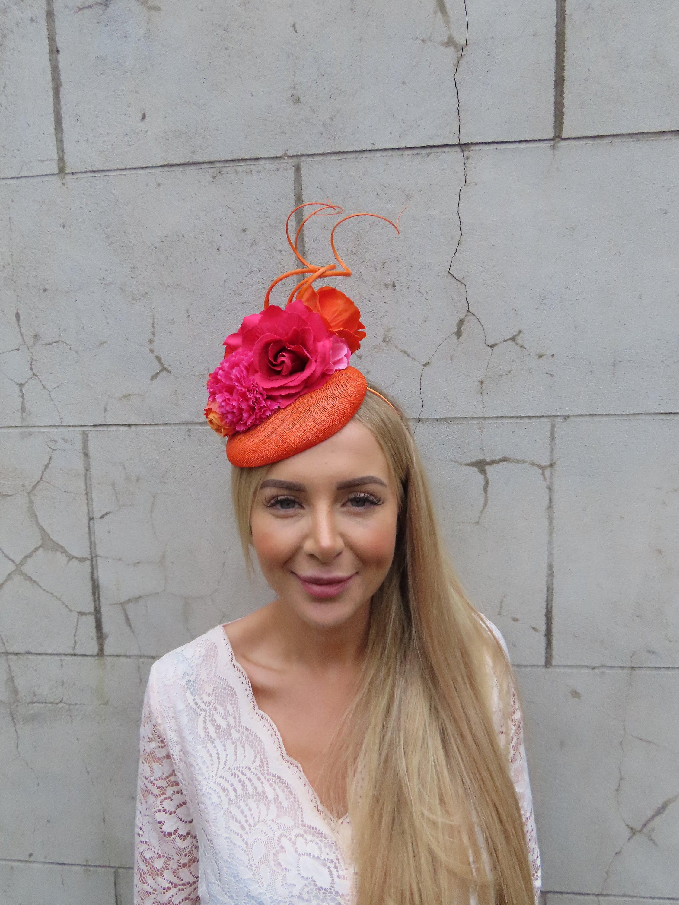 Vibrant Pink & Orange Feathered Fascinator with Orange-Red Ribbon Pink Orange Kentucky Derby Fascinator Hat, Church Derby Hat  main image 2