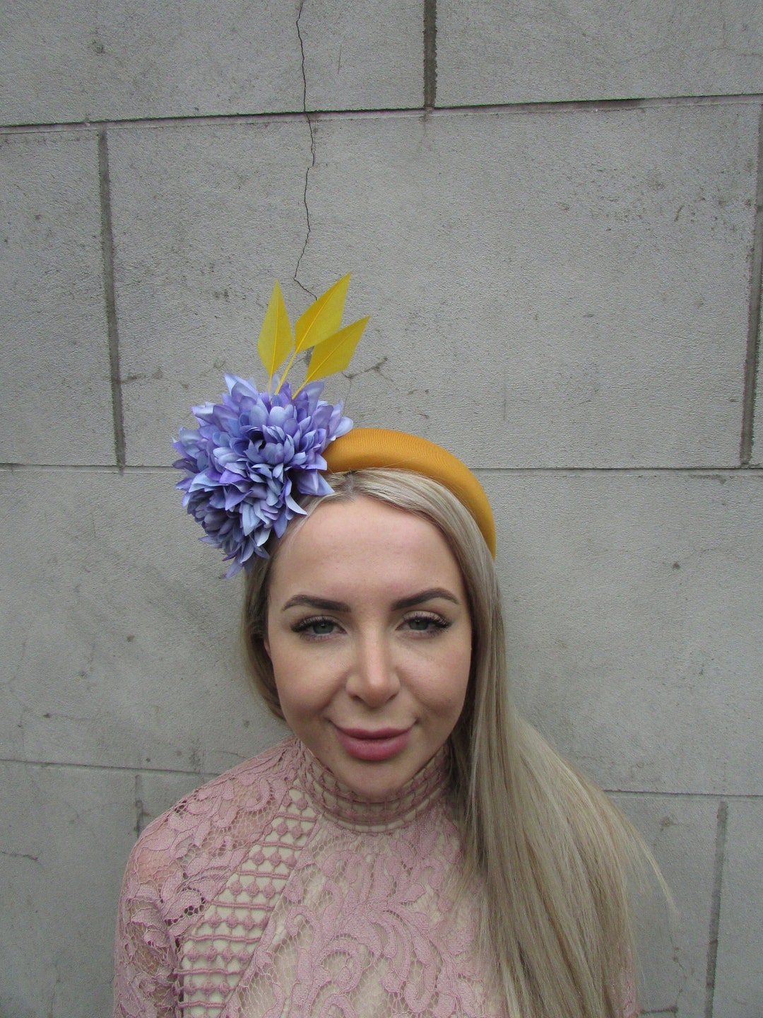 Mustard Yellow Fascinator Light Cornflower Lilac Blue Flower Padded