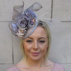 Grey Sinamay Rose Flower Feather Pillbox Hat Fascinator Races Hair Wedding sh-389