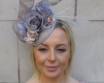 Grey Sinamay Rose Flower Feather Pillbox Hat Fascinator Races Hair Wedding sh-389