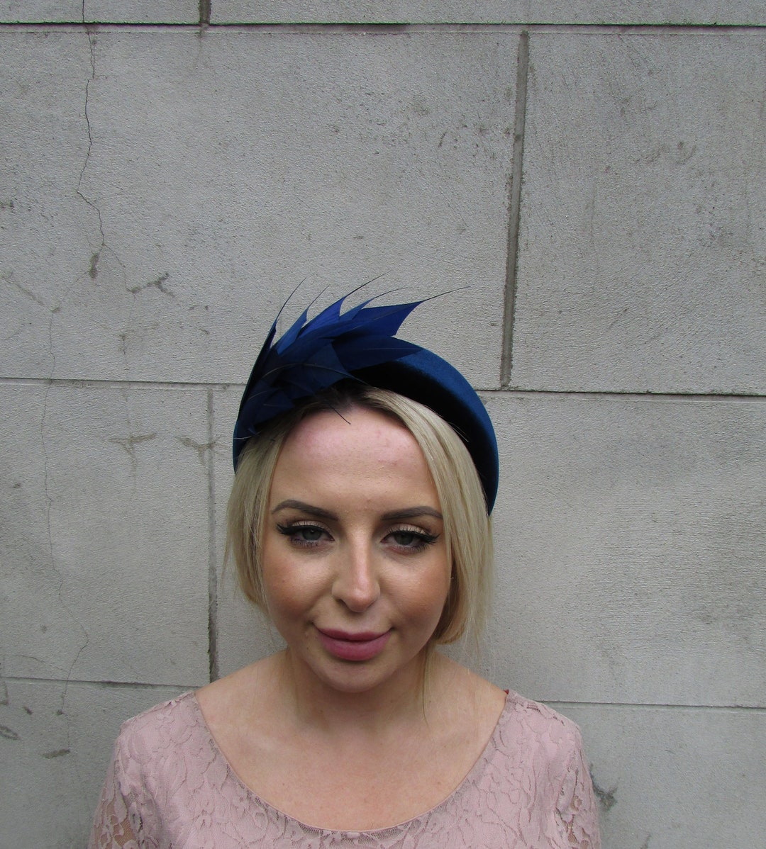 Navy Blue Feather Velvet Padded Headband Fascinator  display picture 1