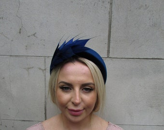 Navy Blue Feather Velvet Padded Headband Fascinator Headpiece Hat Wedding Guest Races Hairband Hair Band Halo u1p