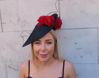 Dramatic Black & Red Rose Flower Fascinator Hat Teardrop Floral Hatinator Wedding Races Ascot u11903