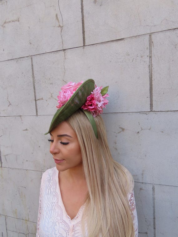 Large Green & Pink Flower Fascinator Hat Big Teardrop Tilted  display picture 1