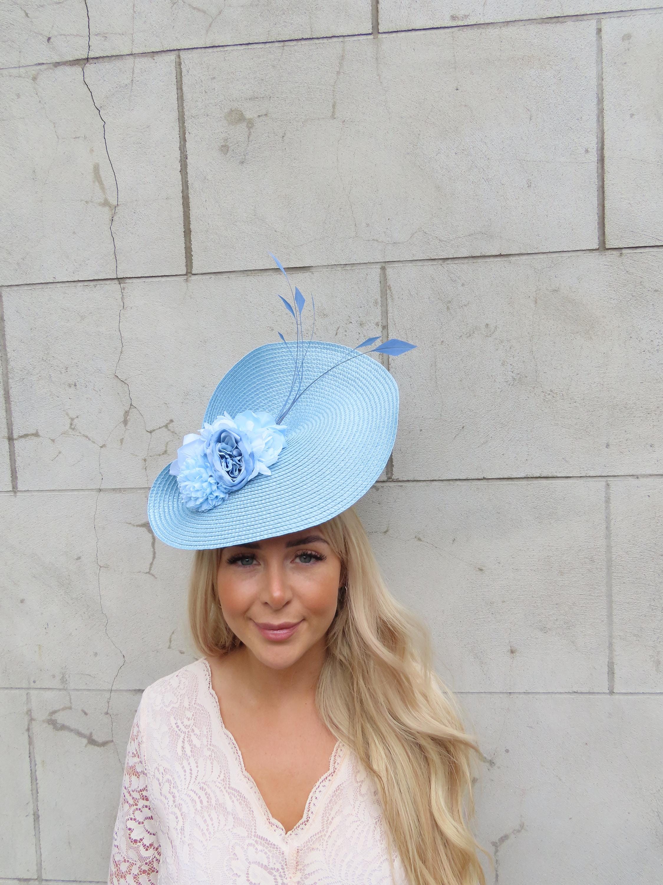 Large Light Cyan Blue Derby Hat kentucky derby hat fascinator baby blue satin with netting  main image 3