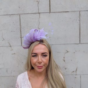 Lilac Feather Fascinator Headband Wedding Guest Headpiece Races Sinamay Modern Lavender One off Piece - u10707
