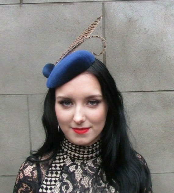 Navy Blue Velvet Brown Pheasant Feather 