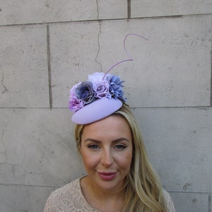 Lilac Light Purple Cornflower Blue Lavender Flower Feather Pillbox Hat Fascinator Wedding Races Headpiece Headband Hairband Floral sh-342