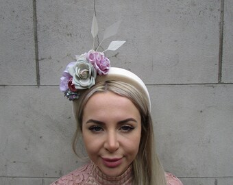 Cream & Mauve Light Sage Green Flower Velvet Padded Headband Fascinator Headpiece Wedding Guest Races Halo Hairband Floral Mint u10904