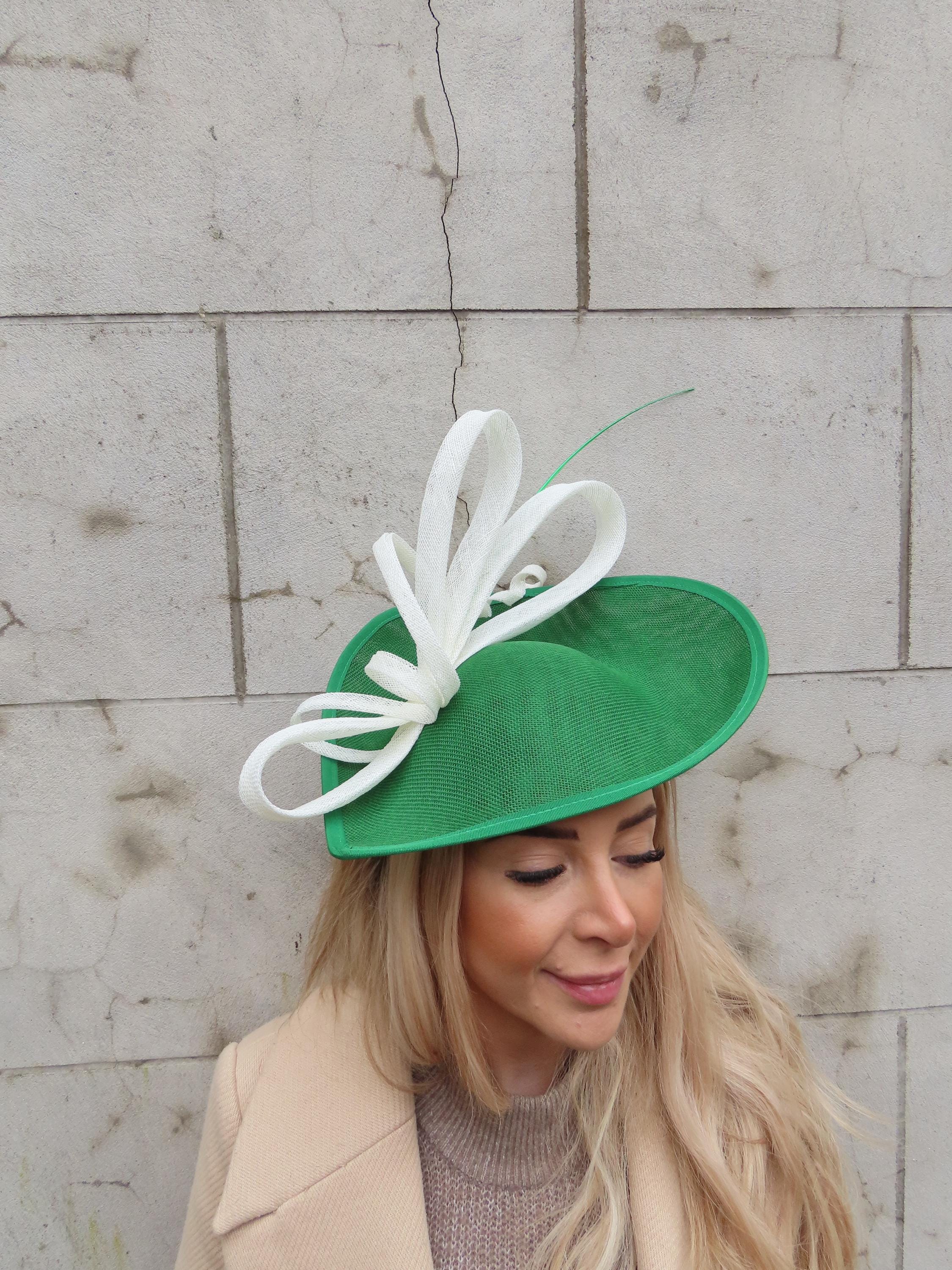 Large Cream Emerald Green Teardrop Feather Fascinator Hat 