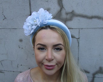 Pale Light Blue Flower Velvet Padded Headband Fascinator Headpiece Wedding Guest Races Hairband Halo u10201