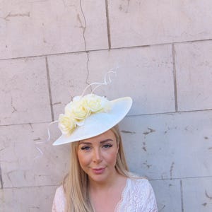 Large Cream & Light Lemon Yellow Rose Flower Fascinator Hat Big Teardrop Races Wedding Headpiece Hatinator Headband Floral u10204