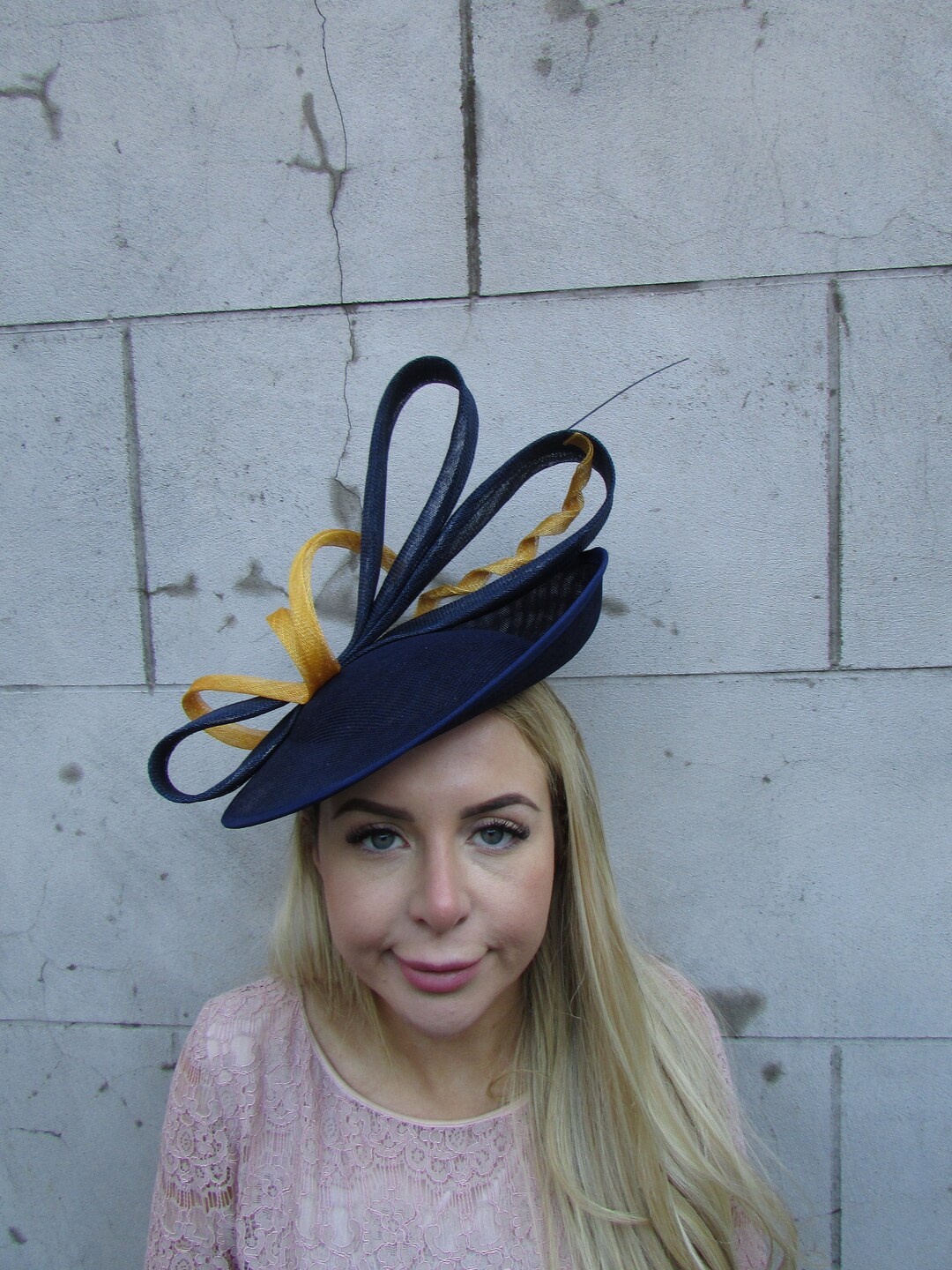 Large Navy Blue Mustard Yellow Disc Feather Fascinator Hat  display picture 3